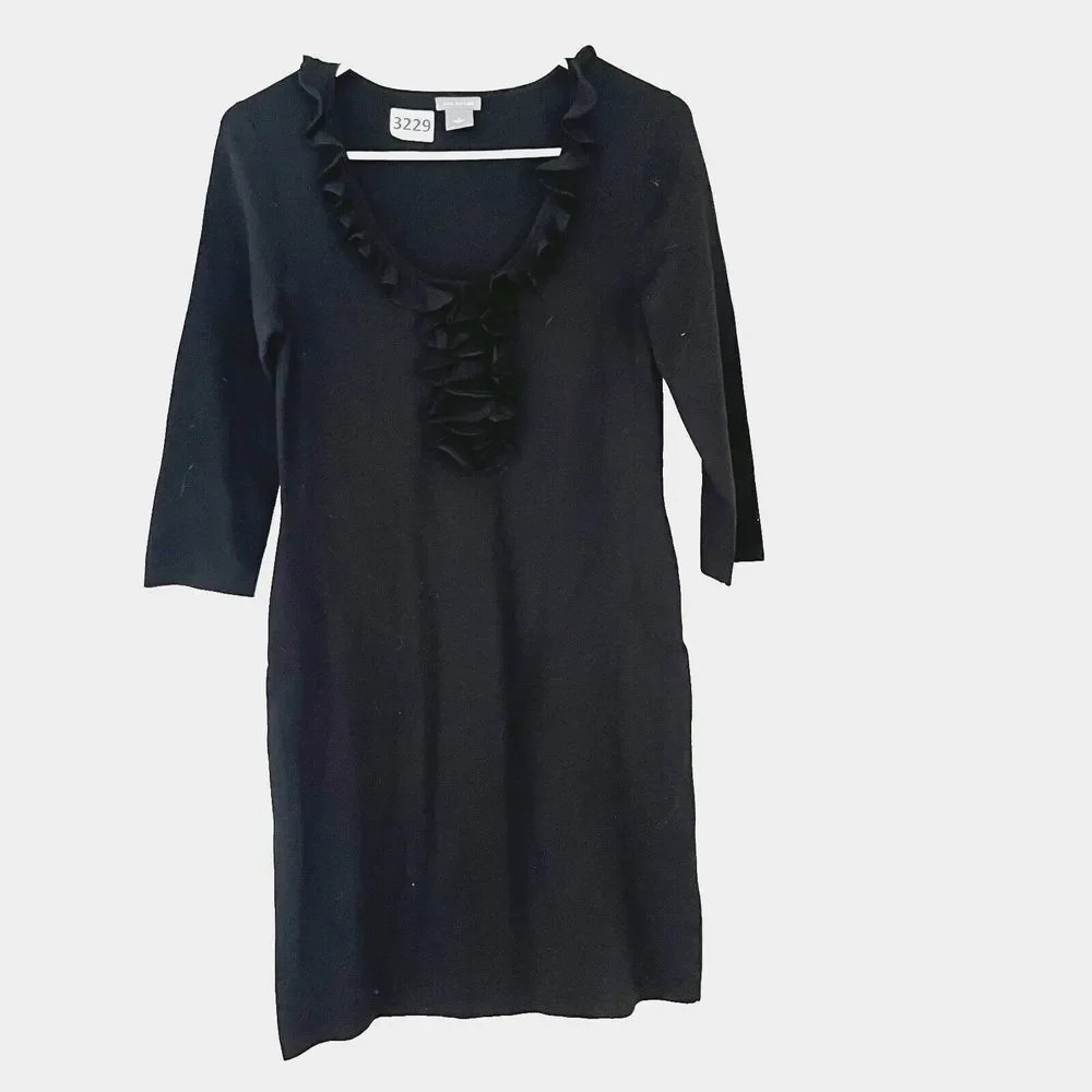 Ann Taylor Womens Black Sheath Dress Small Ruffled 3/4 Sleeve Pullover Modest